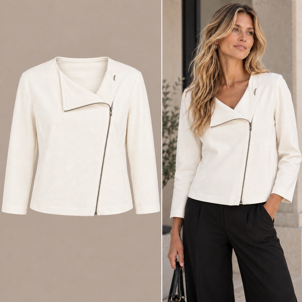 Eileen Fisher Jacket Womens SZ L Ivory Asymmetrical Zip Moto Lyocell Cropped